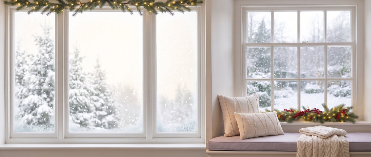 Snowy bay window with a pine garland and a cosy window seat