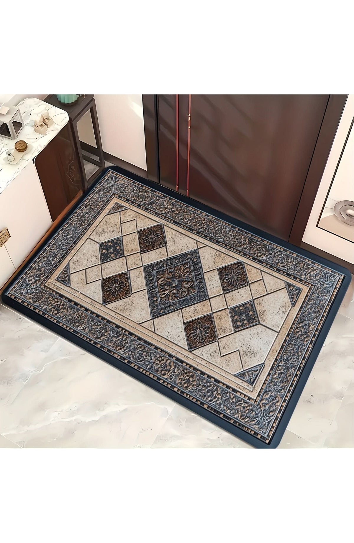 Machine Washable Door Mat with Geometric Border
