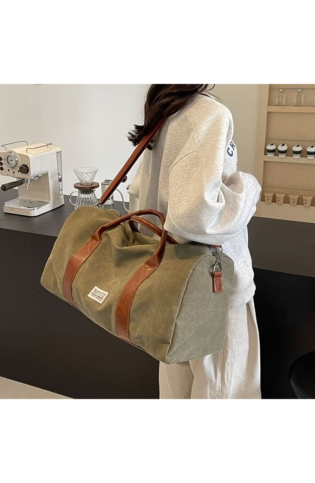 Washed Canvas Duffel Bag with Leather-Look Handles