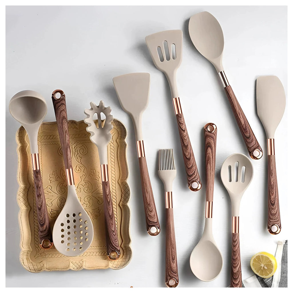 Silicone Utensil Set with Wood and Copper Handles