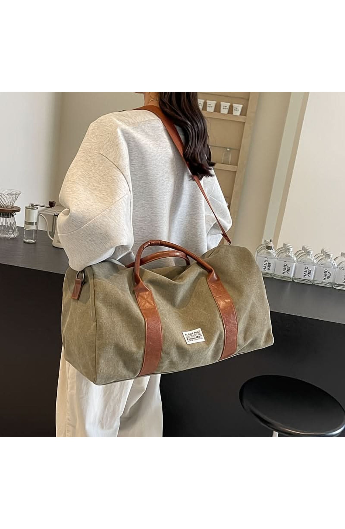 Washed Canvas Duffel Bag with Leather-Look Handles