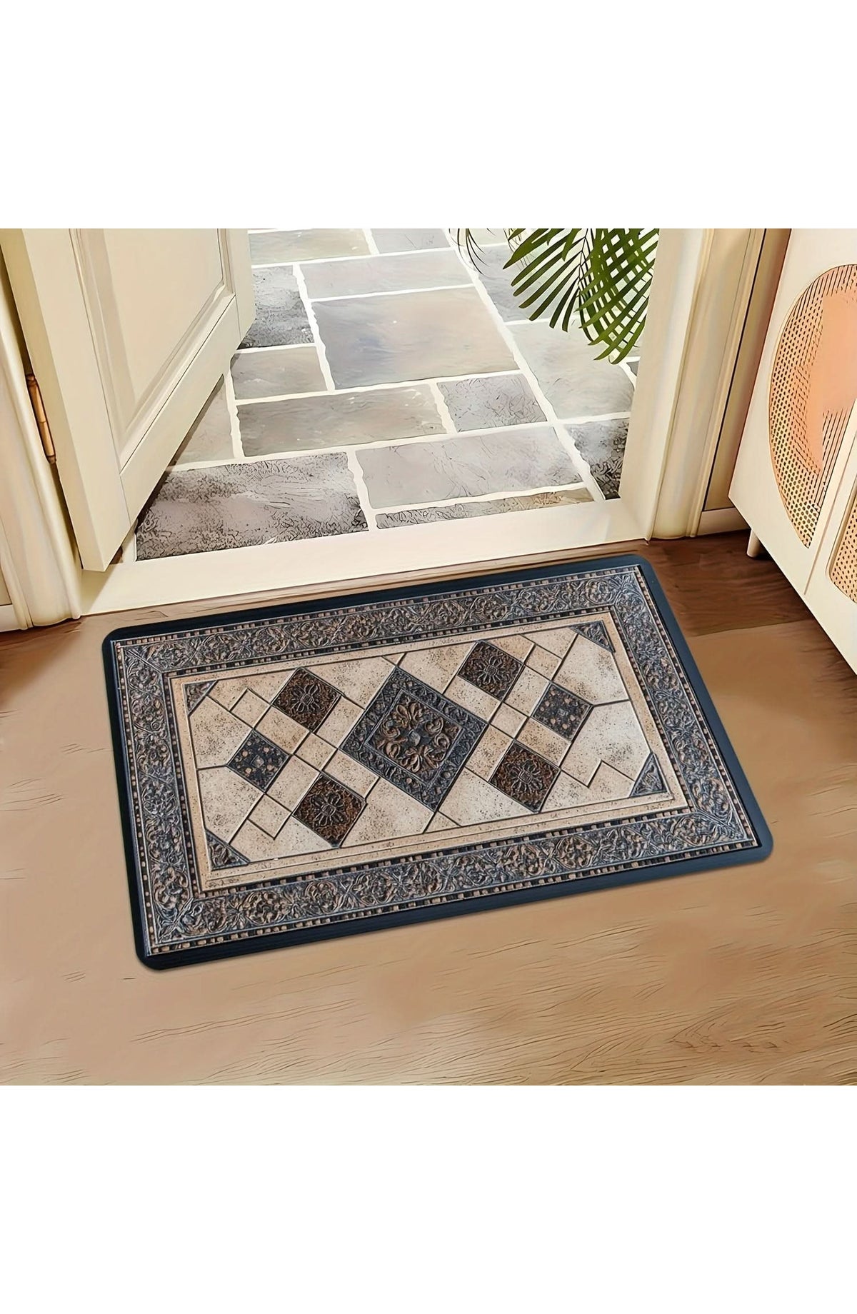 Machine Washable Door Mat with Geometric Border