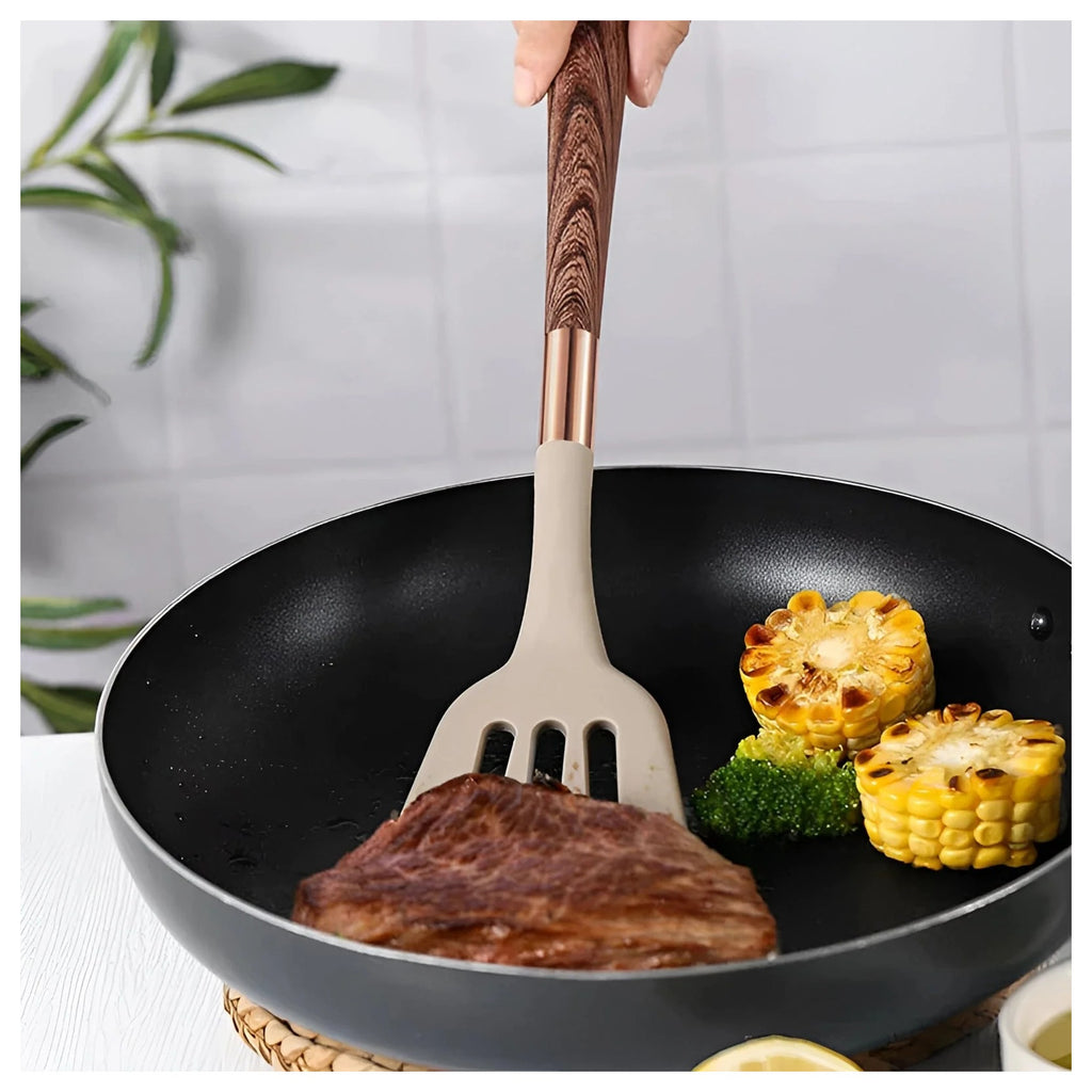Silicone Utensil Set with Wood and Copper Handles