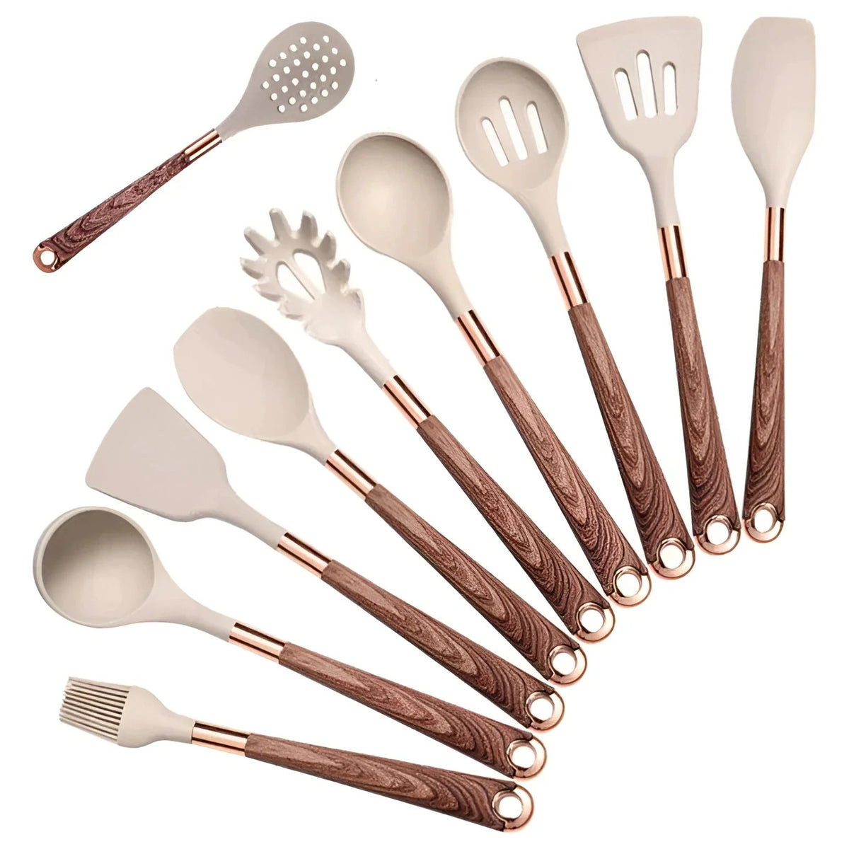 Silicone Utensil Set with Wood and Copper Handles