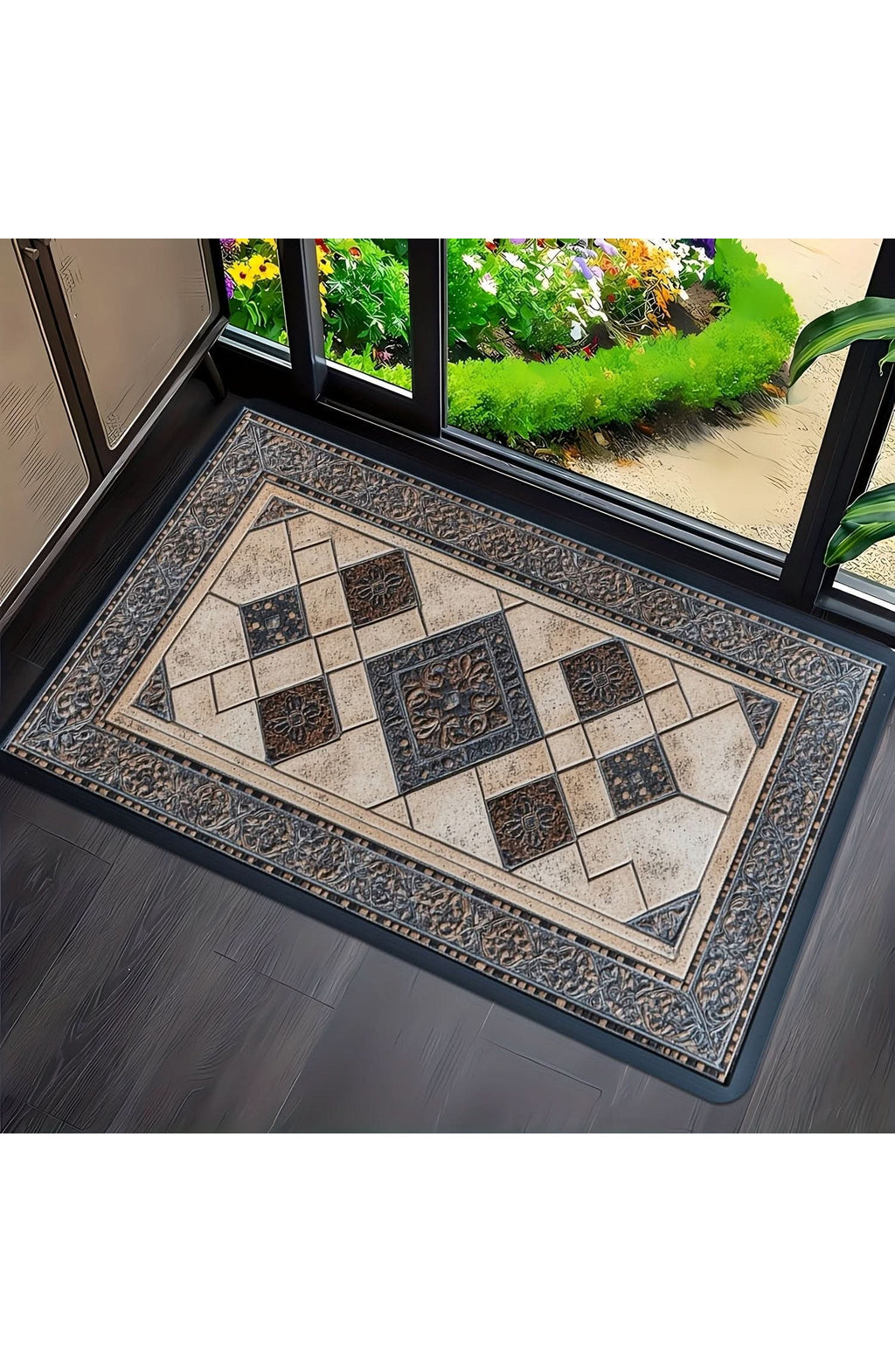 Machine Washable Door Mat with Geometric Border
