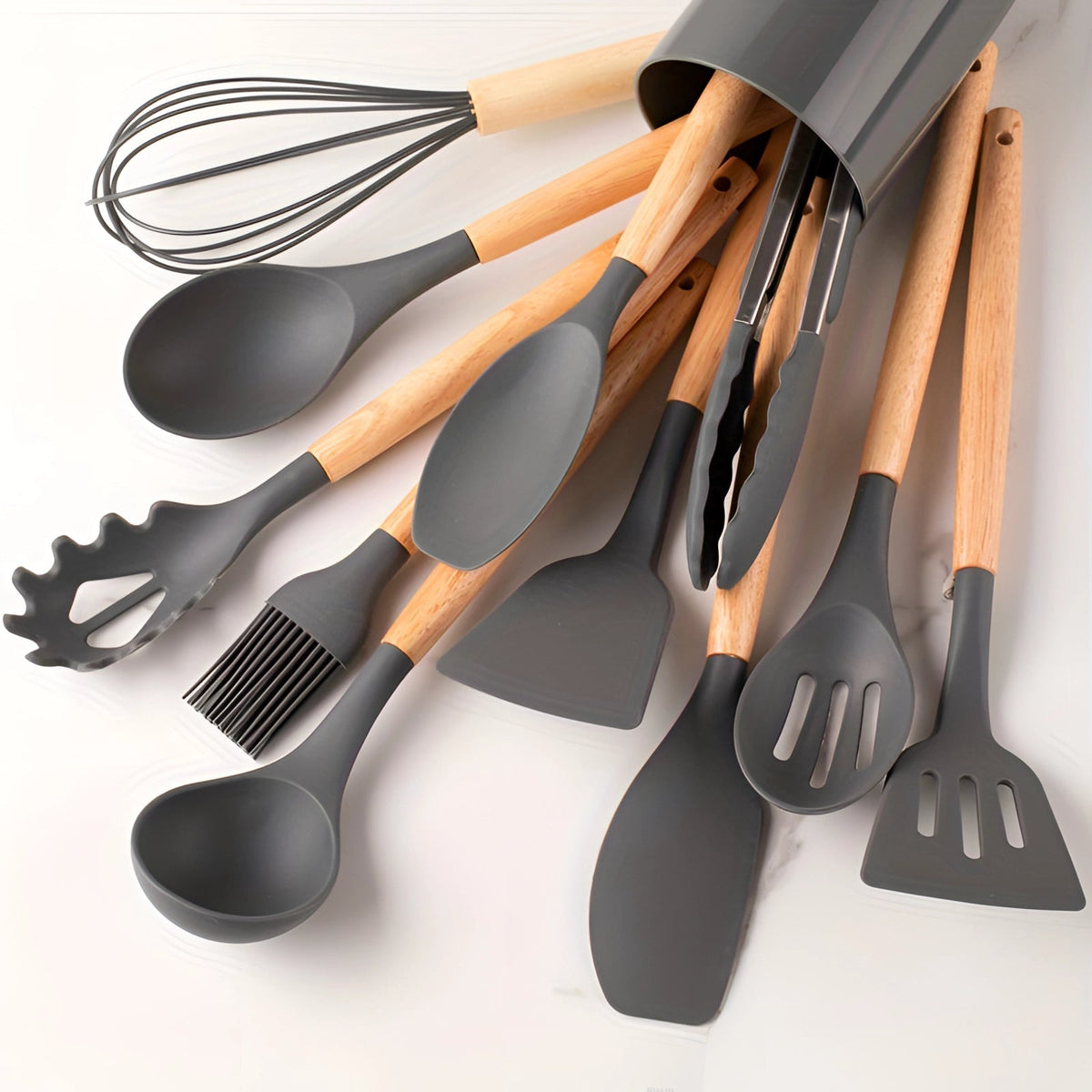 12 Piece Silicone Utensil Set with Bamboo Handles