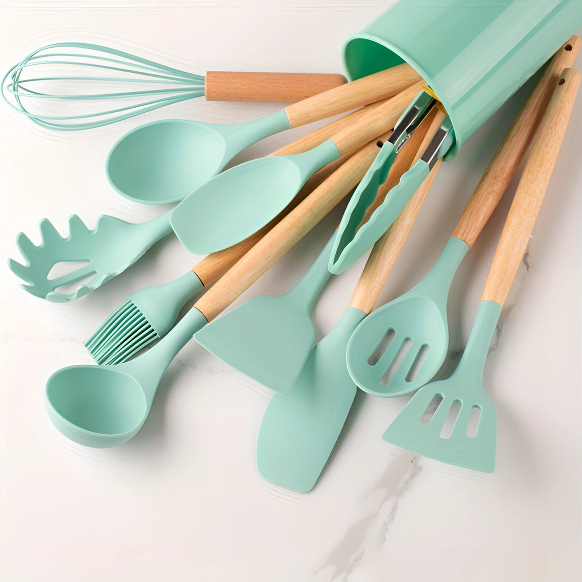 12 Piece Silicone Utensil Set with Bamboo Handles