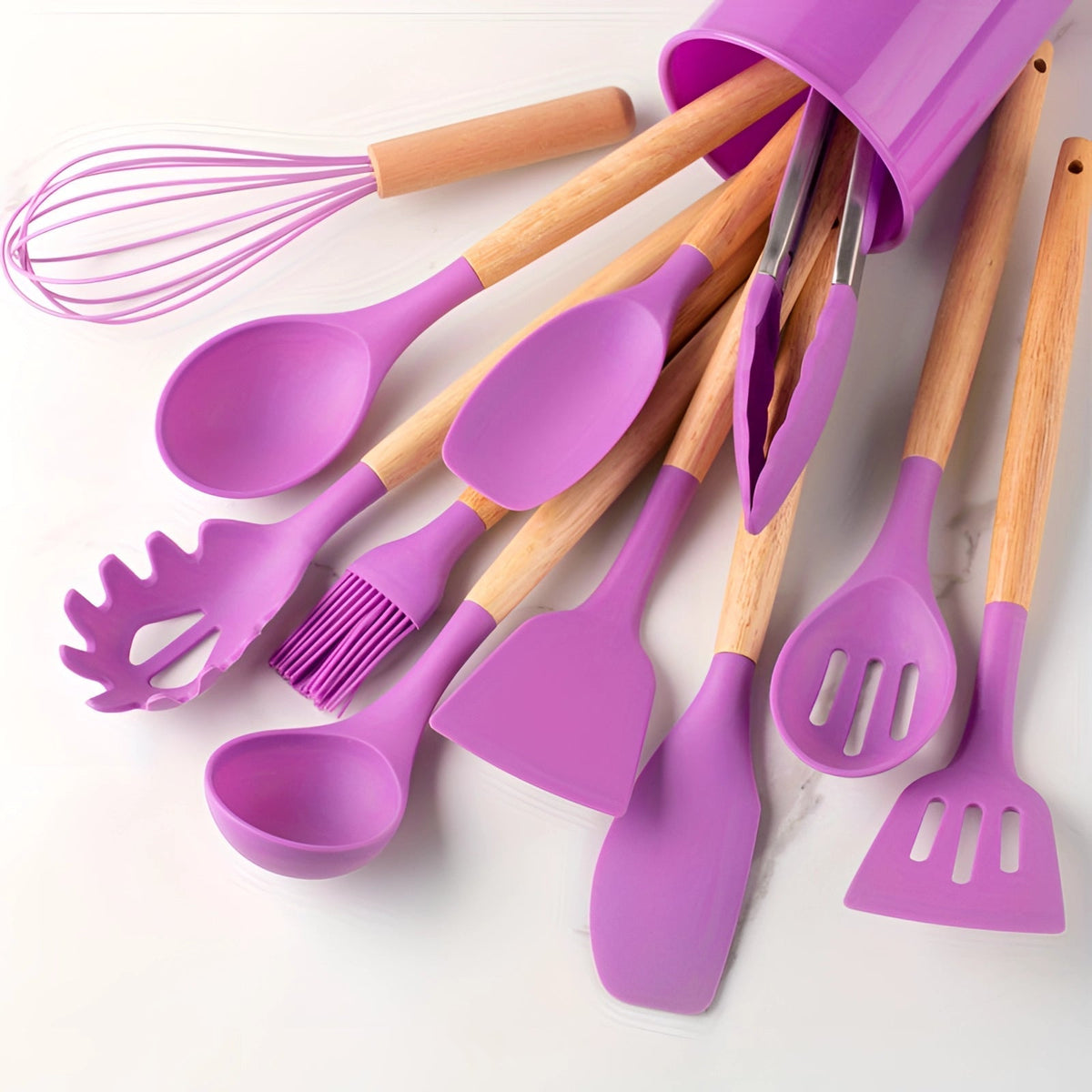 12 Piece Silicone Utensil Set with Bamboo Handles